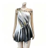 Robe de patinage artistique dégradé noir et blanc, ornée de strass étincelants, en maille, à manches longues, pour enfants et adultes, pour compétition et spectacle