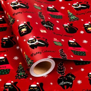 Custom <b>Christmas</b> Wrapping Paper Merry Black Cats Santa Hats Trees Snowflakes Design Gift Packaging Paper For Holiday Decoration - Product Image 1