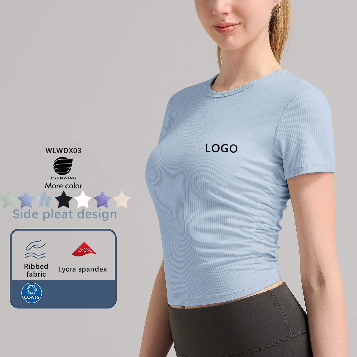 Xsunwing Women Workout Running Gymwear Round Neck T-Shirts Ribbed Yoga Sports Short Sleeve Crop Top Tight Fitness Tops WLWDX03
