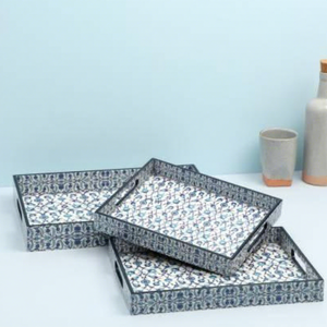 Ensemble de 3 plateaux de service de cuisine en émail géométrique bleu, plateaux décoratifs en MDF, design élégant, adaptés aux aliments - Product Image 1