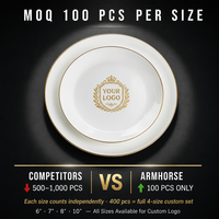 Assiettes en Porcelaine Fine à Bord Doré, MOQ 100 Pièces, 6, 7, 8, 10 Pouces, Vente en Gros pour Mariages et Restaurants