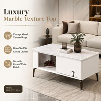 Table basse de salon en bois sur mesure, moderne, avec pieds métalliques coniques, plateau en marbre veiné, étagère ouverte, tiroir fermé et plateau en verre technologique