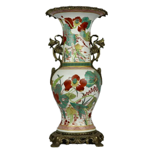 Jarrón de Porcelana Art Deco de Lujo Pintado a Mano con Loto y Encaje de Cobre, Cola de Fénix de Doble Oreja para Boda - Product Image 1