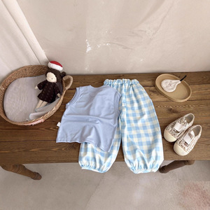 Ensemble deux pièces en coton pour filles, été 2025, nouveau gilet sans manches à carreaux élégant pour petites et jeunes filles, <span class=keywords><strong>tenue</strong></span> tendance - Product Image 3