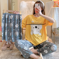 Piyama Sutra Susu Musim Semi Termurah 3pcs Set Motif Kartun Lengan Pendek Kerah Bulat + Celana Panjang Santai untuk di Rumah