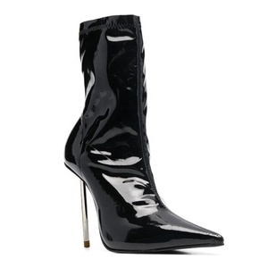 Metal Slim Heels Women Pointy Toe Ankle <b>Boots</b> High-Heeled Stiletto Shoes Short Bright Patent Dress Pumps - Product Image 5
