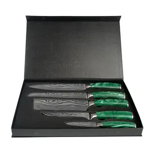 पेशेवर बहु उपयोग 5 pcs दमिश्क में बॉक्सिंग रसोई जापानी महाराज चाकू सेट उपहार चुंबकीय काले रंग बॉक्स