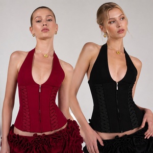 Top corsé rojo con cierre trasero y cuello halter para mujer, ropa de verano para discoteca, top sexy ajustado para fiesta - Product Image 1