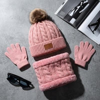 Conjunto de Gorro, Bufanda y Guantes de Punto Trenzado Jacquard para Niños con Logotipo Personalizado, 100% Poliéster, Cálido para Invierno, con Pompón, Color Personalizado, OEM