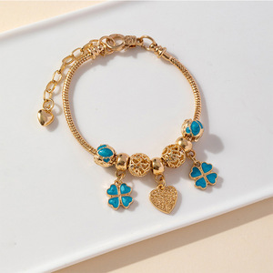 Bracelet tendance pour femme en acier inoxydable plaqué or 18 carats avec breloques en alliage, cœur, fleur, trèfle, cristal, style punk CZ, pour la Saint-Valentin - Product Image 6