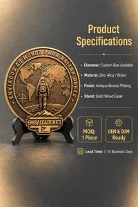 Piatto Souvenir Personalizzato Tracy in Bronzo con Rilievo, Piatto Commemorativo con Incisione 3D della Mappa del Mondo e Supporto in <span class=keywords><strong>Legno</strong></span> - Product Image 4