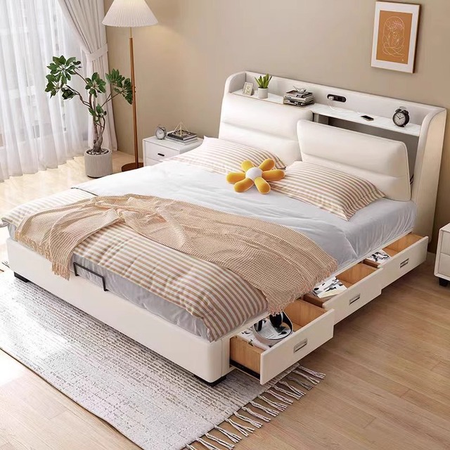 Cream Luxury Modern Design Smart Bed Set Furniture Bedroom Double Bed Frame with USB Charge Port Storage King Size Bed for Home