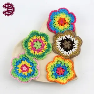 Wholesale Colorful Yarn Custom Hand Knitted Round Cotton Coasters Cup Mat Clothing Crochet Flowers Patch