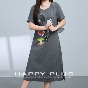 Runqi Vestido camisero holgado de longitud media para mujer, talla grande, color gris oscuro, cuello redondo, estampado de anime, diseño con abertura N9100 - Product Image 5