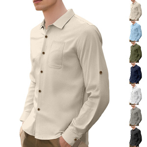 Camisa de manga larga de color sólido para hombre, informal, transpirable, de lino, con botones, color verde oliva, ideal para uso informal. - Product Image 2