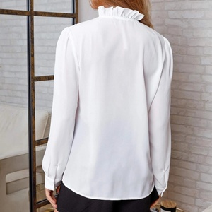 Blusa Blanca Elegante e Informal para Mujer, Personalizada, de Poliéster, Manga Larga, Cuello con Volantes, Color Liso, con Encaje - Product Image 5