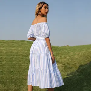 Party Summer Fashion Print Striped Strapless Pleated Ladies Girls Plus Size Women's Casual Dresses