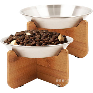 Nuevo soporte de madera para tazón de gato, tazón de comida de acero inoxidable, comedero para gatos, plato de comida para mascotas de bambú antideslizante, adecuado tanto para gatos como para - Product Image 1