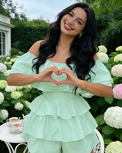 จั๊มสูทสีเขียวอ่อนแต่งระบายช่วงไหล่สำหรับผู้หญิง |   ดีไซน์ทรงหวานสำหรับสาวพลัสไซส์ |   กางเกงวันพีซแห้งเร็วสำหรับฤดูร้อน รุ่น Garden - Product Image 1