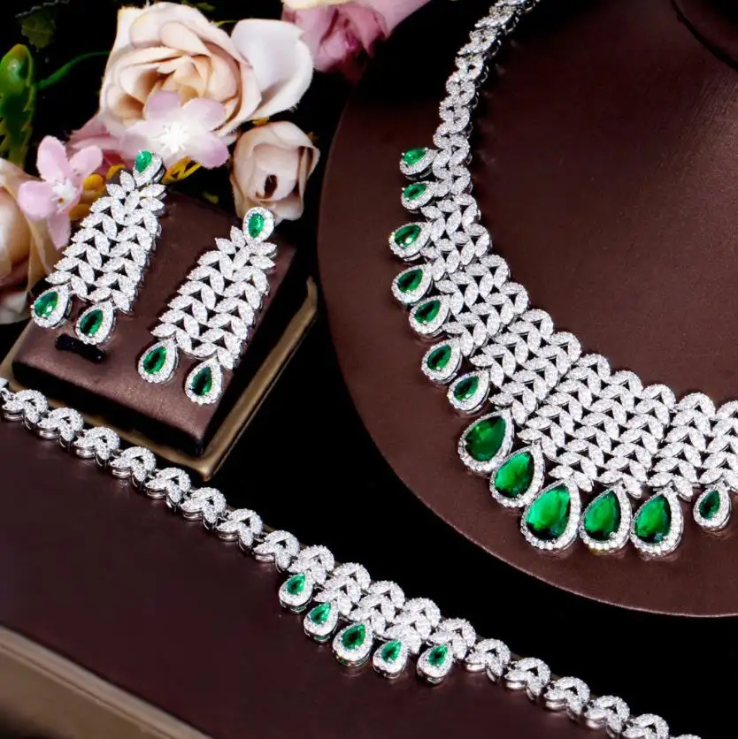 Luxury Water Drop Big Statement Jewelry sets for Women Wedding Green Cubic Zircon CZ African Dubai Saudi Arabia Bridal Jewelry