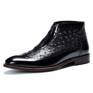 Bottes en cuir véritable à bout pointu pour hommes, bottes courtes en cuir véritable, bottes tendance pour hommes à motif d'autruche, fermeture éclair sur le devant - Product Image 4