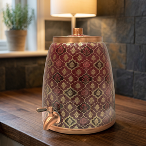 Distributeur d'eau en acier inoxydable avec motif rouge et doré, fonctionnement manuel, chargement par le haut, usage domestique - Product Image 4