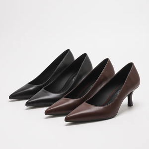 Chaussures à talons pour femmes en <span class=keywords><strong>cuir</strong></span> mat noir à bout pointu 6002-25, <span class=keywords><strong>talon</strong></span> moyen, confortables, chaussures à talons hauts pour le travail de bureau - Product Image 1