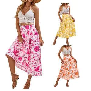 Женская Повседневная пляжная юбка с высокой талией, женские летние юбки миди с цветочным принтом