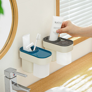 Toothbrush Cup Set Plastic Suction Cup Mount Bathroom Storage Toothpaste Holder With Lid Orange Gray - Product Image 4