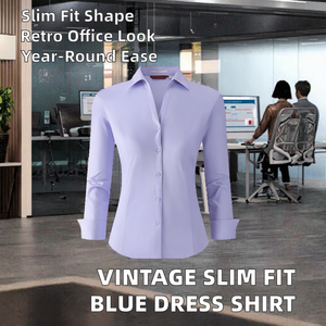 Camisa de Mujer Estilo Vintage, Tejida, con Botones, Manga Larga, Corte Regular, Formal, para Oficina, en Azul Sólido - Product Image 2
