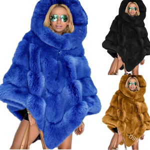 European & American Long Solid-color Hooded Woven Rabbit Faux Fur <b>Poncho</b> Dyed Loose Fit Windproof Vintage Style Autumn Commuting - Product Image 1