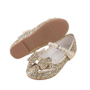 2025 nuove ragazze principessa <span class=keywords><strong>scarpe</strong></span> da festa in oro <span class=keywords><strong>Glitter</strong></span> pelle con cinturino di perle e fiocco per la scuola di Performance di compleanno - Product Image 3