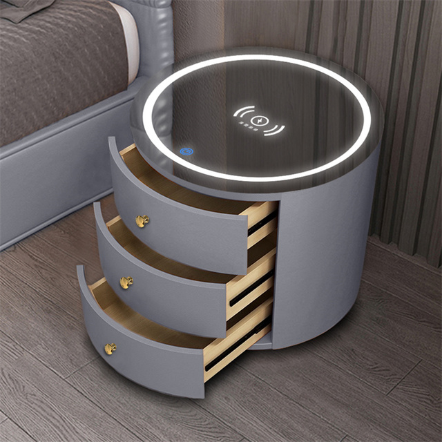 Multi-Functional Solid Wood Modern Panel Design Round Smart Bedside Table with Wireless Charging Speaker