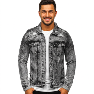 OEM <b>Custom</b> Design Fashion Streetwear <b>Denim</b> <b>Jacket</b> High Quality <b>Custom</b> Design Men Ripped Button Front <b>Denim</b> Jeans <b>Jacket</b> Out Wear - Product Image 1