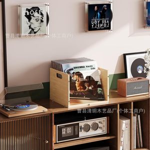 Soporte de bambú para discos de vinilo con asa, caja de almacenamiento para CD/DVD, diseño cuadrado, cesta organizadora para el hogar - Product Image 2