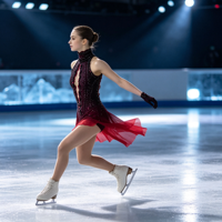 Robe de compétition de patinage artistique rouge bordeaux dégradé, col montant halter, dos ouvert ajouré, jupe asymétrique, ornée de strass