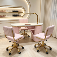 Table de manucure rose de luxe avec éclairage LED, poste de travail moderne double pour salon de manucure avec chaises pour techniciennes