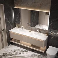 Ensemble de meuble de salle de bain en bois massif double vasque, style classique moderne, avec miroir LED en dalle de roche et vasque courbée à chaud, style crème, pour hôtel
