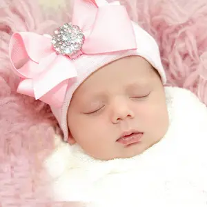 新款欧美大号蝴蝶结闪亮粉色条纹针织帽宝宝新款婴儿套头帽