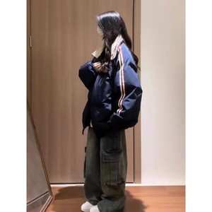 2025 Otoño Invierno nuevo azul marino algodón-poliéster mezcla suelta ajuste mujeres engrosada tres rayas estampado Puffer Bomber japonés - Product Image 3