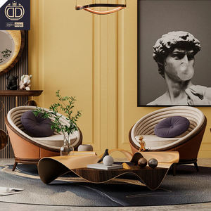 Silla decorativa azul de terciopelo de lujo, diseño Redondo, patas de madera, cojín crema, sala de estar silla para, estudio, decoración moderna para el hogar, gran oferta - Product Image 3