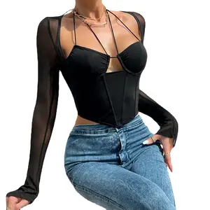 Vintage Black Corset Crop Top Long Sleeve Tie Front Sexy Women's Underwear