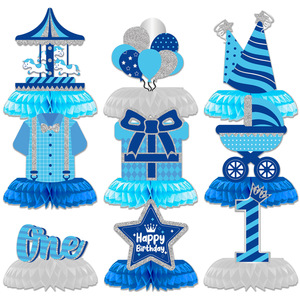 Decorazione per festa di compleanno moderna a tema blu rivela il genere del neonato con ornamento digitale della tavola della palla a nido d'ape di un anno - Product Image 2