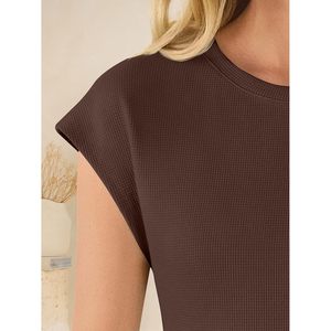 FOXA Haut à manches courtes en tricot gaufré pour femme, t-shirt basique décontracté à manches courtes, hauts d'été pour le travail et les vacances - Product Image 5
