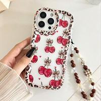 Coque de téléphone portable tendance en TPU motif léopard et cerise avec bord ondulé, coque arrière crème en TPU pour iPhone 16 15 17 Air 18 Pro Max