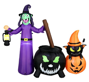 Combo Inflable de Bruja de Halloween: Vestido Morado con Sombrero de Caldero, Gato Negro y Calabaza Luminosa para Decoración de Jardín y Tienda - Product Image 4