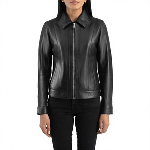 Chaqueta de Cuero Genuino para Mujer, Manga Larga, Cuello Camisero, Cierre de Cremallera, Color Sólido, Estilo Otoñal - Product Image 1