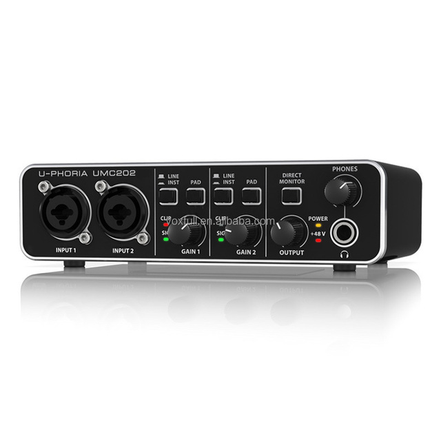 Professional UMC202 USB Sound Card Audio Interface Recording Studio 2 in 2 Out with 48V Power Supply for Computer Singing