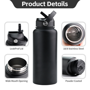 Black Sports Water Bottle 40 Oz 3 Lids Vacuum Insulated 304 Stainless Steel Thermo <b>Mug</b> Strap 6-12 Hours <b>Thermal</b> Minimalist - Product Image 5