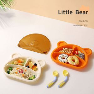 Assiette anti-chute pour enfants motif ours avec couvercle intégré, assiette repas bébé avec compartiments - Product Image 5